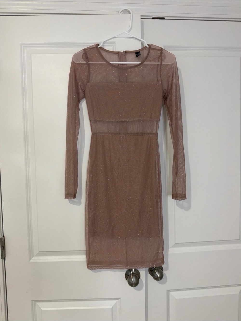 Windsor Sparkle Mesh Long-Sleeve Nude Bodycon Dress